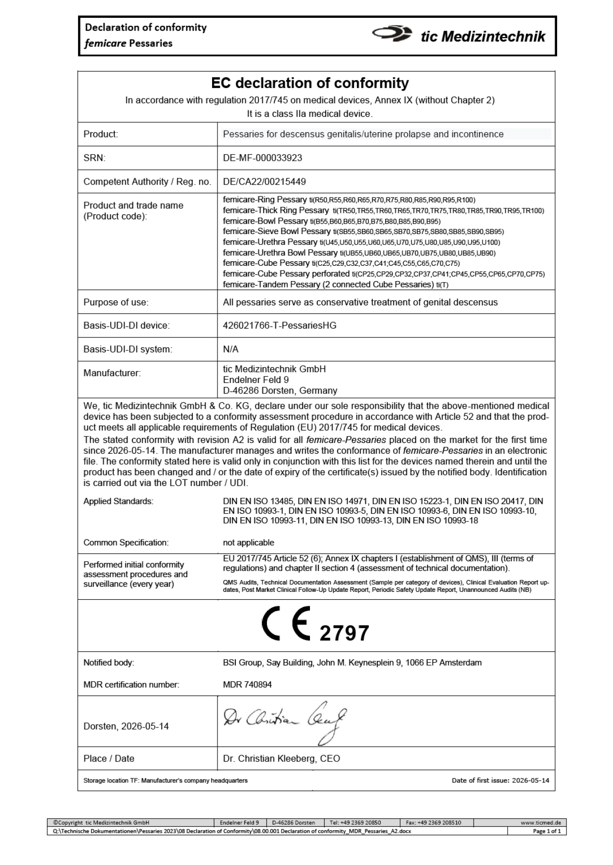 Eine Vorschau der Declaration of Conformity für Pessare nach MDR ist abgebildet.